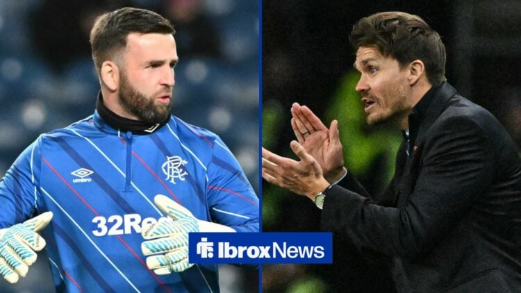 Liam Kelly warming up while looking in the direction of Rangers manager Danny Rohl