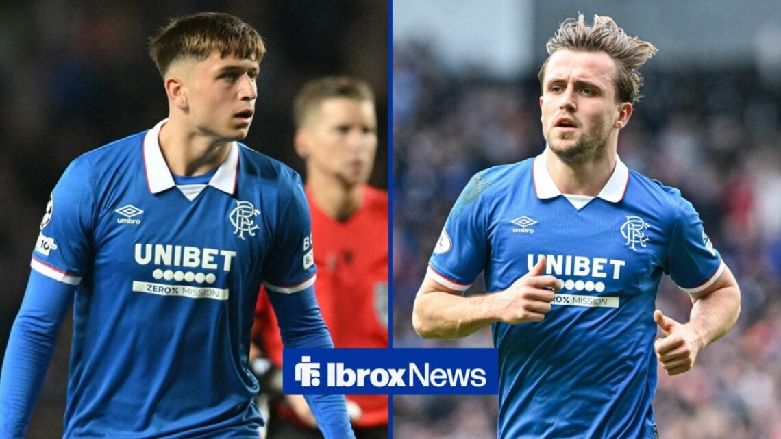 Rangers duo Mikey Moore and Tuur Rommens looking at one another in a 50/50 split image.