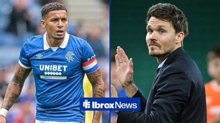 James Tavernier playing for Rangers as Danny Rohl looks on