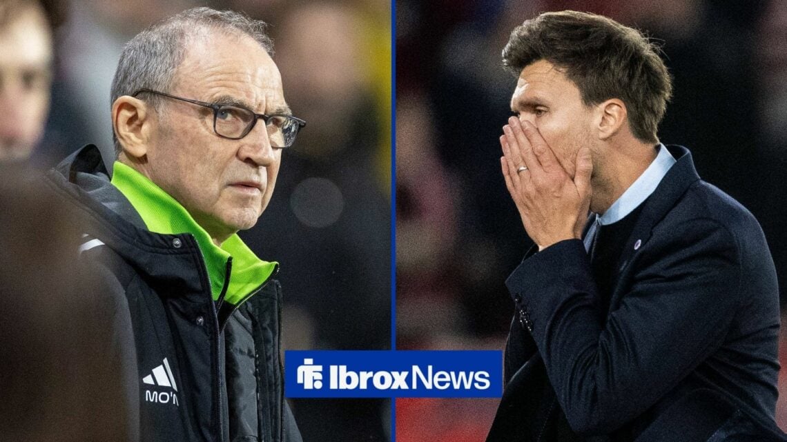 Martin O'Neill managing Celtic looking towards Rangers manager Danny Rohl looking shocked