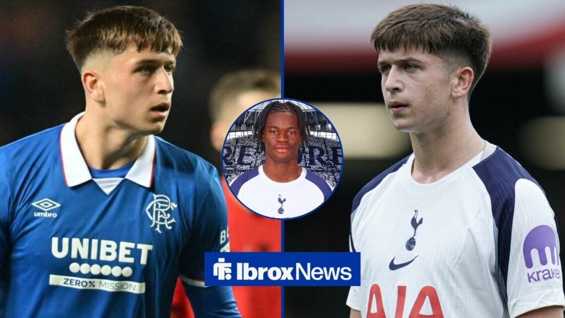 Mikey Moore playing for Tottenham and Mikey Moore playing for Rangers with a circle inset of Callum Olusesi playing for Tottenham