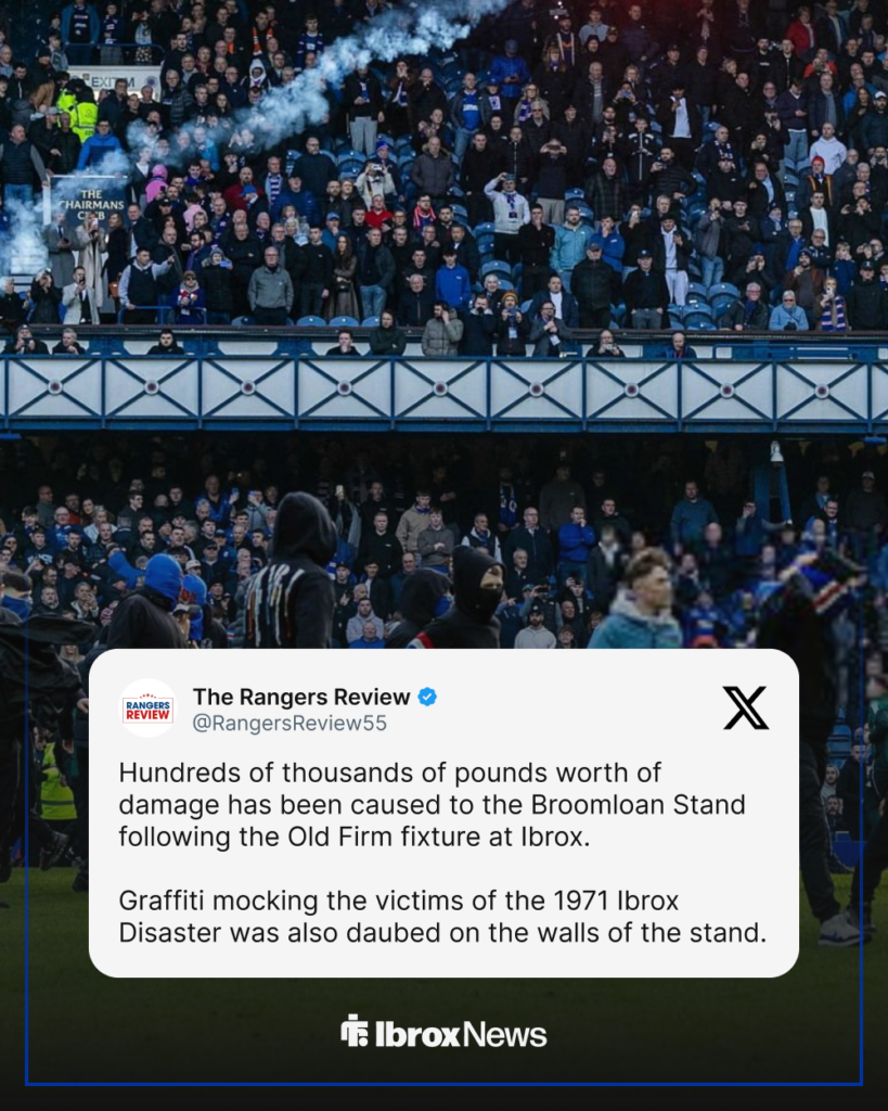 Rangers Review X post on damage caused in Broomloan Stand from Rangers vs Celtic Scottish Cup tie at Ibrox