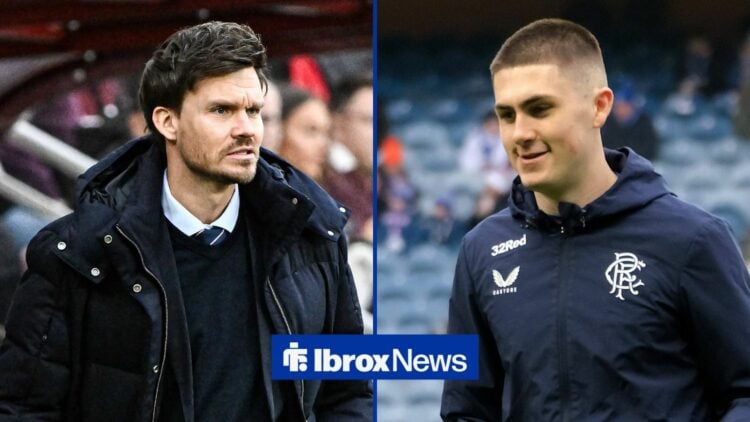 Danny Rohl of Rangers during the clash with Hearts, Bailey Rice in pre-match Rangers gear.