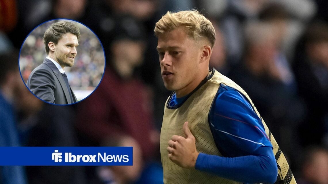Connor Barron warms up in the Europa league clash with Genk, Danny Rohl of Rangers during the UEFA Europa League match with Braga.