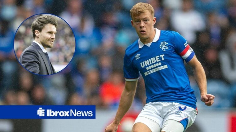 Connor Barron of Rangers plays the ball forward in the pre-season clash with Club Brugge, Danny Rohl of Rangers during the UEFA Europa League match...