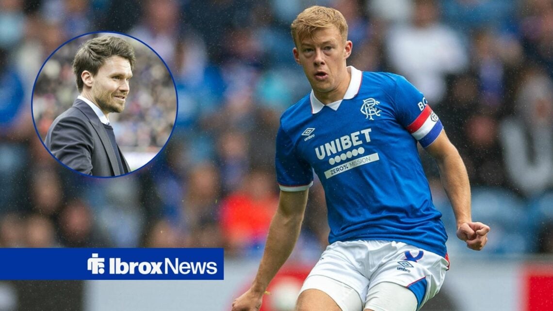 Connor Barron of Rangers plays the ball forward in the pre-season clash with Club Brugge, Danny Rohl of Rangers during the UEFA Europa League match...