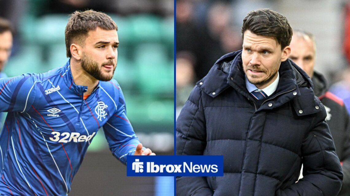 Danny Rohl during the William Hill Premiership match with Hibernian at Easter Road, Nicolas Raskin of Rangers warms up.