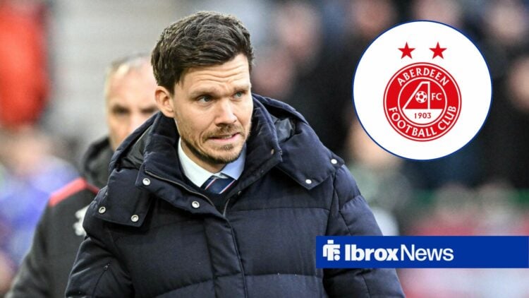 Rangers manager Danny Rohl looking confused vs Hibernian, Aberdeen badge in inset.