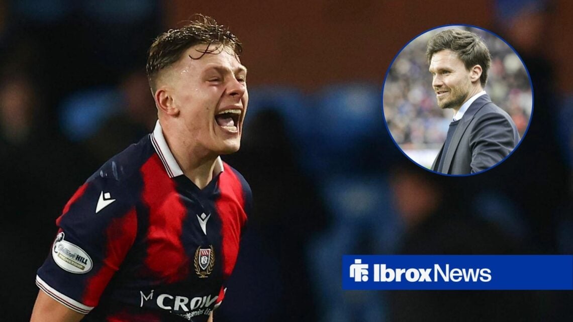 Luke Graham of Dundee celebrates at the end of the match with Kilmarnock, Rangers boss Danny Rohl smiling on the touchline.