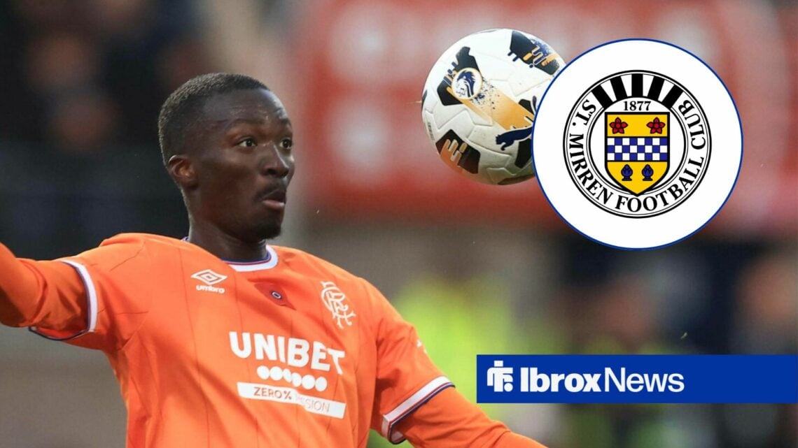 Mohamed Diomande controls a ball for Rangers, St Mirren badge in inset.