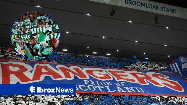 Rangers fans with a pride of Scotland banner, Celtic fans holding up their scarves.