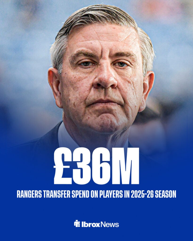 Rangers chief Andrew cavenagh in background with transfer spend on players in 2025-26 season