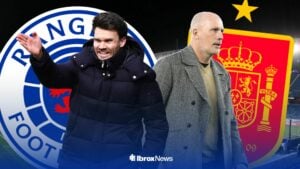 Danny Rohl and Philippe Clement with Rangers and Spain badges behind them.