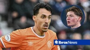 Rangers striker Bojan Miovski as main image with Ryan Naderi in circular inset on the right