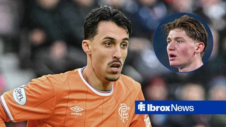 Rangers striker Bojan Miovski as main image with Ryan Naderi in circular inset on the right