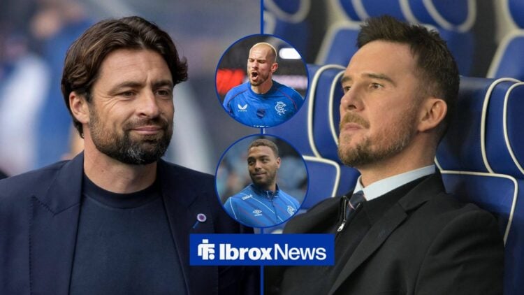 Russell Martin and Barry Ferguson either side, with former Rangers stars Cyriel Dessers and Vaclav Cerny in insets.