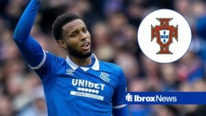 Youssef Chermiti of Rangers FC bags his 2nd of the game and celebrates in front of the home support during the William Hill Scottish Premiership vs Celtic, Portugal badge in inset.