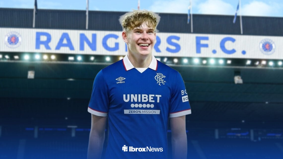 Finn Geragusian in Rangers home kit ahead of Ibrox Stadium