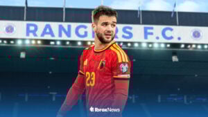 Nicolas Raskin in Belgium kit in front of Ibrox