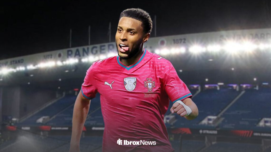 Youssef Chermiti in Portugal kit with Ibrox in the background