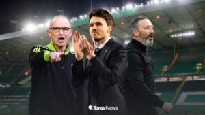 Danny Rohl in the middle of Derek McInnes and Martin O'Neill ahead of Parkhead