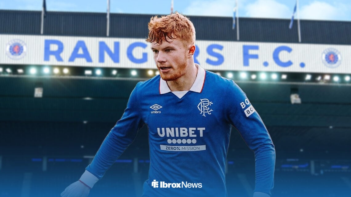 Luca Stephenson in a Rangers shirt, with Ibrox behind him