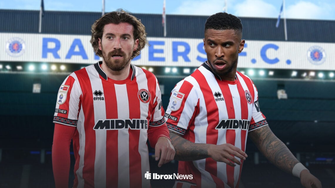 Joe Rothwell and Tyrese Campbell in action for Sheffield United, with Ibrox behind them