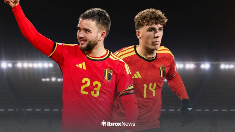 Nico Raskin celebrating for Belgium alongside Arne Engels looking annoyed for Belgium