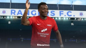 Rabbi Matondo in SK Brann home kit ahead of Ibrox