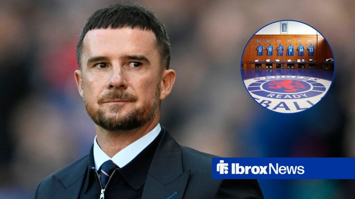 Barry Ferguson looking towards a circle inset of the Rangers dressing room at Ibrox