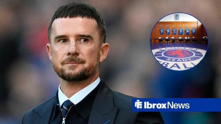 Barry Ferguson looking towards a circle inset of the Rangers dressing room at Ibrox