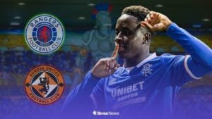 Djeidi Gassama with Rangers and Dundee United badge