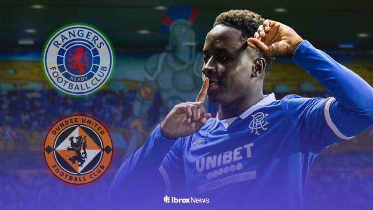 Djeidi Gassama with Rangers and Dundee United badge