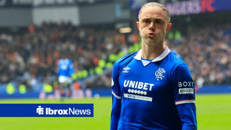 Thelo Aasgaard celebrating after scoring for Rangers vs Dundee United in the Scottish Premiership at Ibrox Stadium.