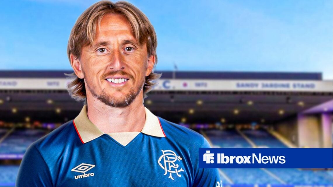 Luka Modric in a Rangers kit in front of Ibrox Stadium
