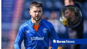 Nicolas Raskin warming up for Rangers with Kevin Thomson in circular inset