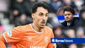 Bojan Miovski in action for Rangers with circular inset of Danny Rohl