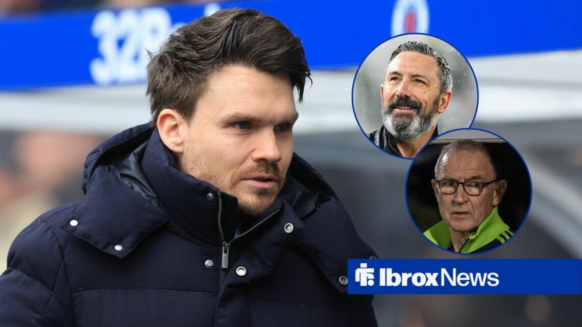 Danny Rohl at Ibrox with Derek McInnes and Martin O'Neill in circular insets