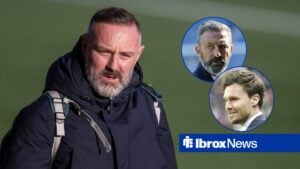 Kris Boyd looking at Hearts manager Derek McInnes and Rangers manager Danny Rohl.