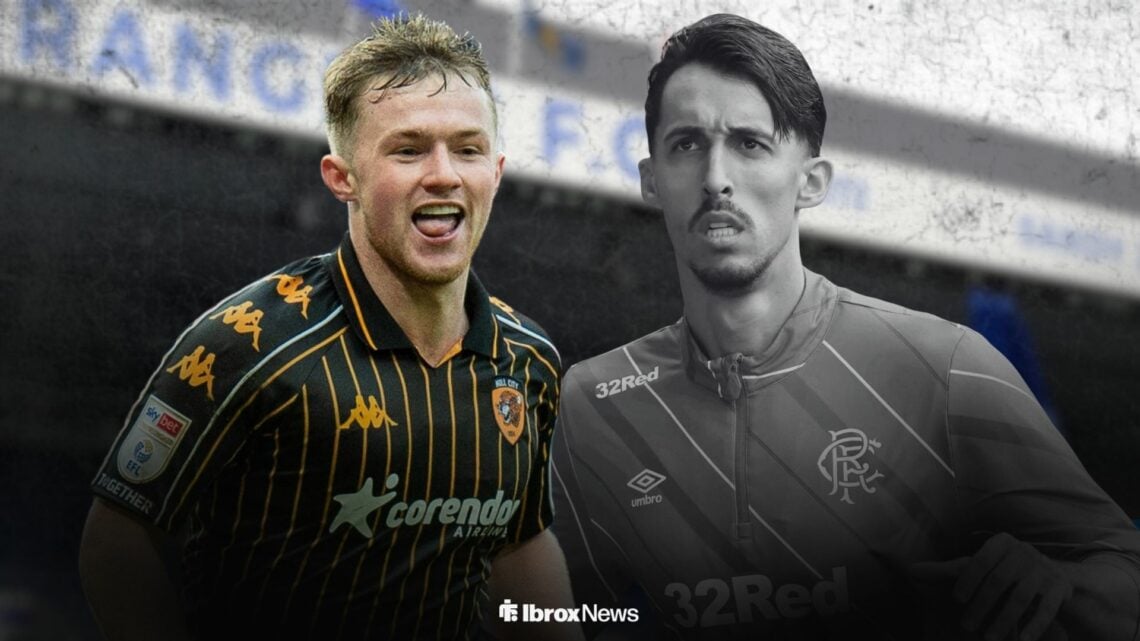 Joe Gelhardt celebrating for Hull City alongside Bojan Miovski looking annoyed at Rangers