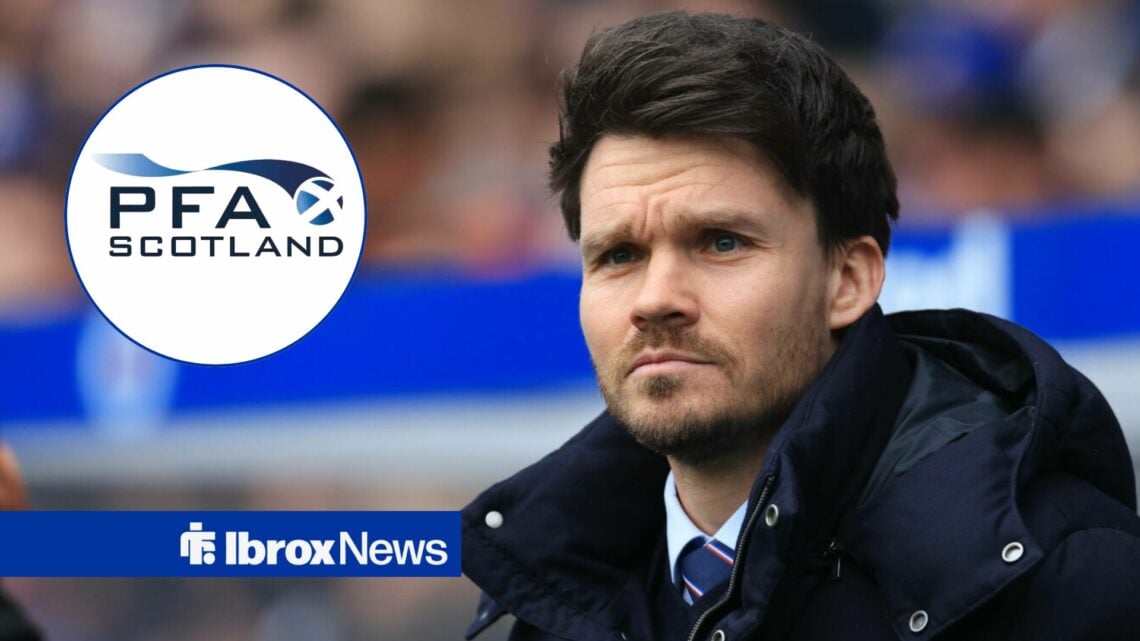 Danny Rohl looking worried in the dugout for Rangers looking towards a circle inset of the PFA Scotland logo