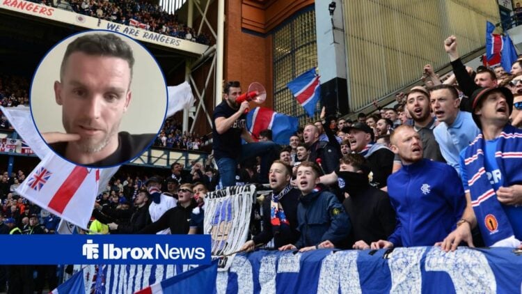 Paul McGinn speaking on Premier Sports alongside Rangers fans at Ibrox