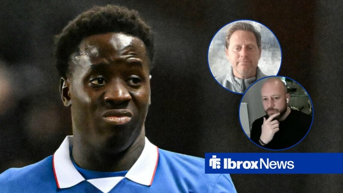 Djeidi Gassama playing for Rangers looking towards circle insets of Alan Hutton and Michael Stewart speaking on Premier Sports