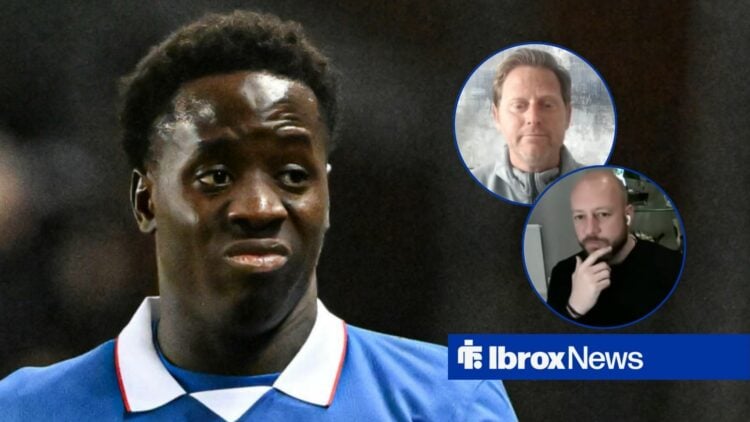 Djeidi Gassama playing for Rangers looking towards circle insets of Alan Hutton and Michael Stewart speaking on Premier Sports