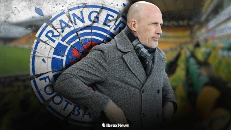 Philippe Clement managing Norwich City at Carrow Road next to the Rangers badge