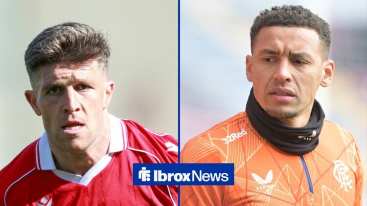 Josh Windass playing for Wrexham in split image with James Tavernier at Rangers