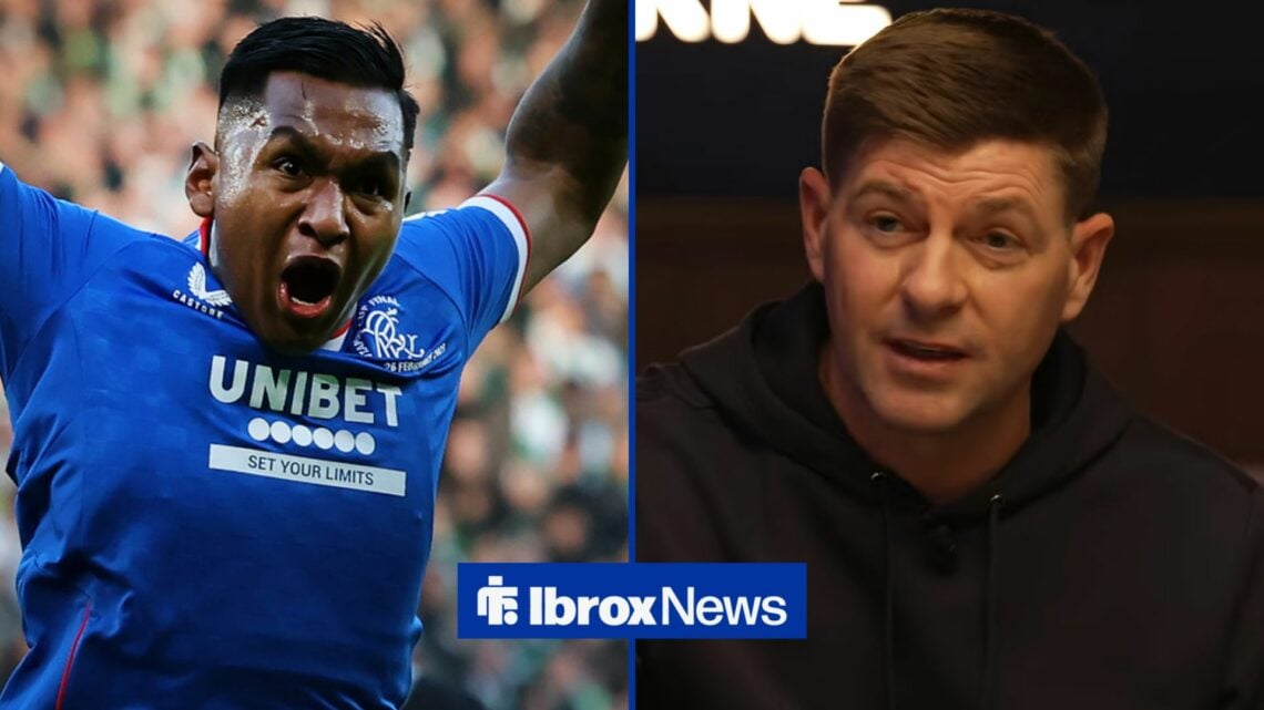 Alfredo Morelos of Rangers celebrates after scoring the team's first goal during the Viaplay Cup Final between Rangers and Celtic at Hampden Park o...