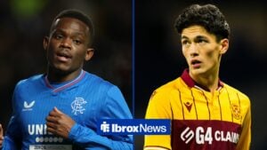 Former Rangers winger Rabbi Matondo looking in the direction of Motherwell star, Elijah Just.