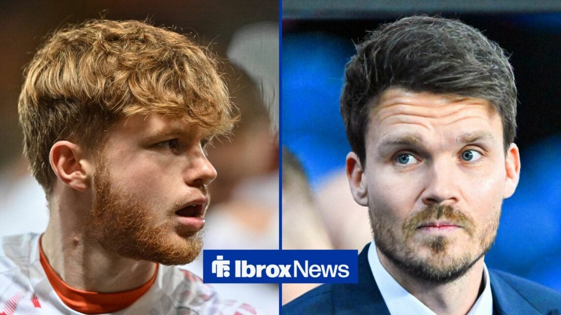 Dundee United defender Luca Stephenson looking at Danny Rohl, Rangers manager.