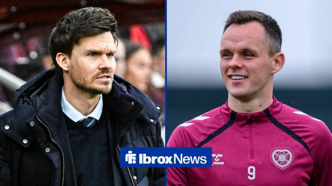 Rangers manager Danny Rohl looking in the direction of Hearts striker, Lawrence Shankland.